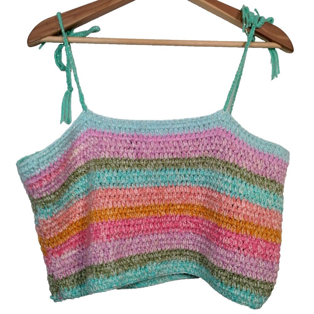 Homemade Crochet Tube Top L/XL Rainbow Pastel Gold Metallic Glitter Tie Cropped